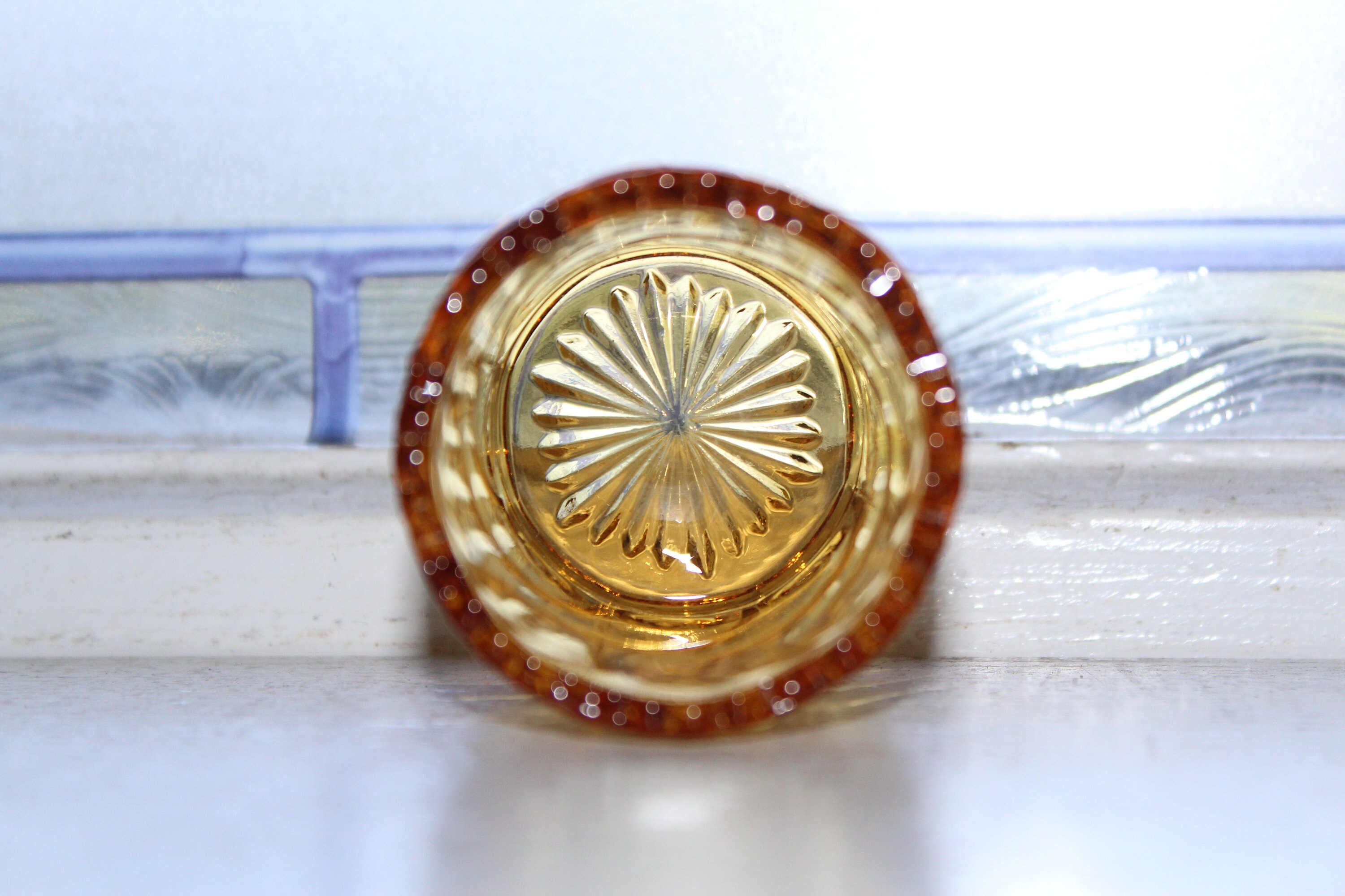 Vintage Amber Glass Toothpick Holder National Repeating S Waves Swirl