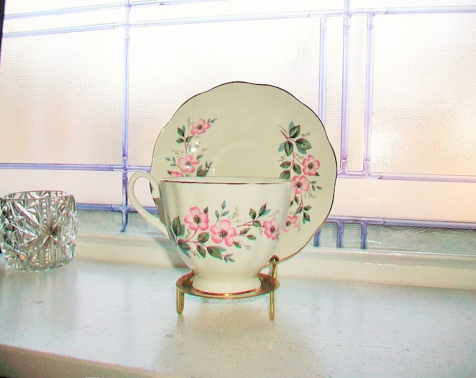 Taylor and Kent Tea Cup and Saucer Vintage Bone China Made in England Pink Flowers