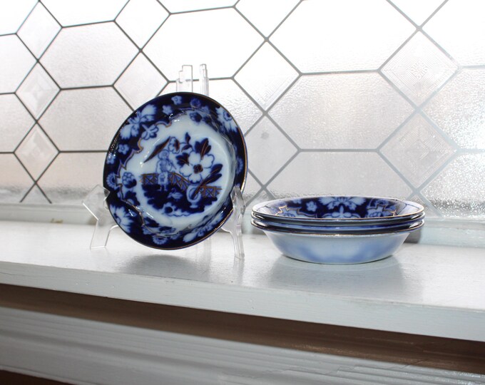 4 Antique Dark Flow Blue Dessert Bowls 5.5" Royal Staffordshire Pekin Gold Trim
