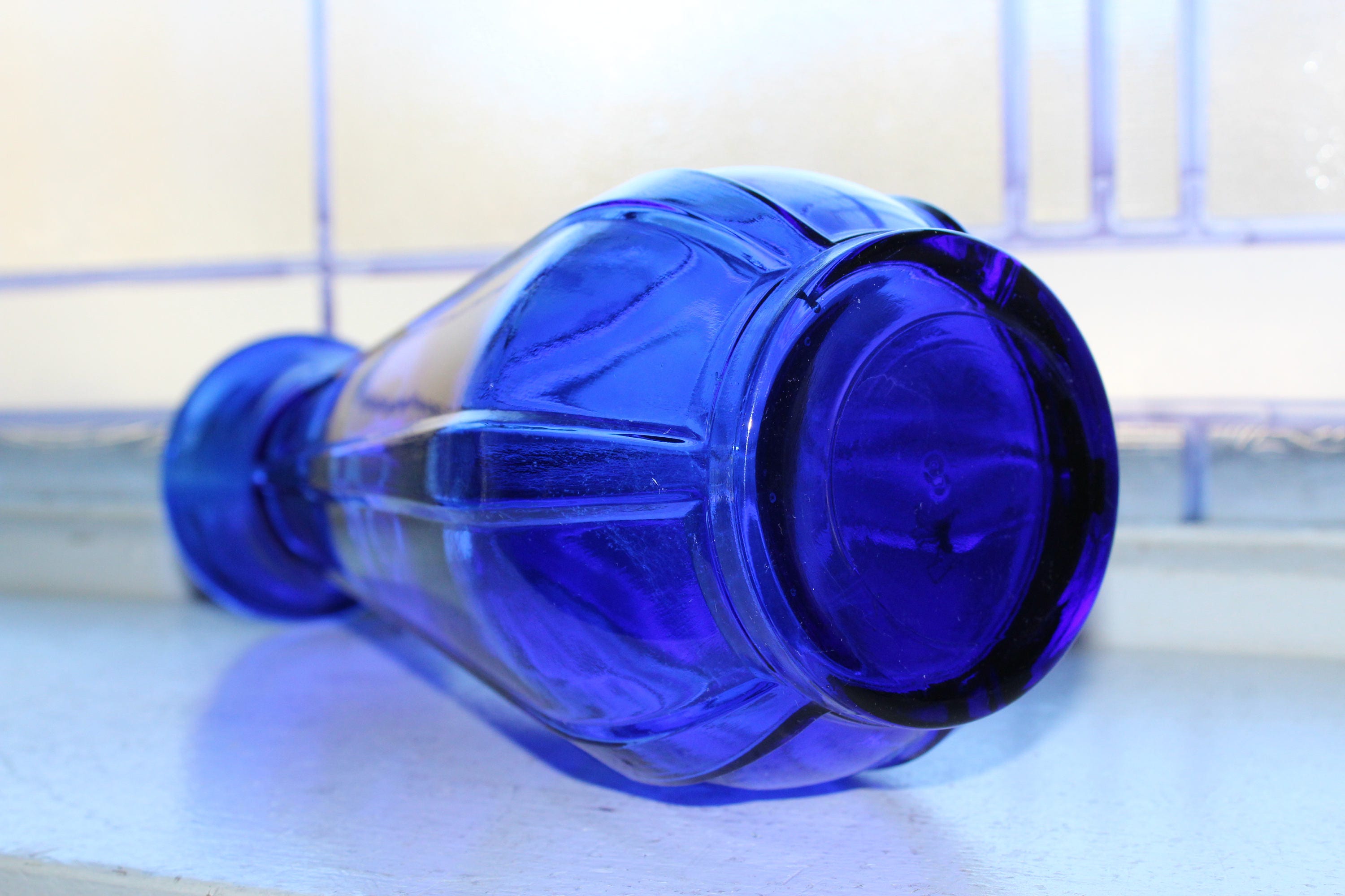 Art Deco Cobalt Blue Glass Large Ribbed Vase Vintage 1920s