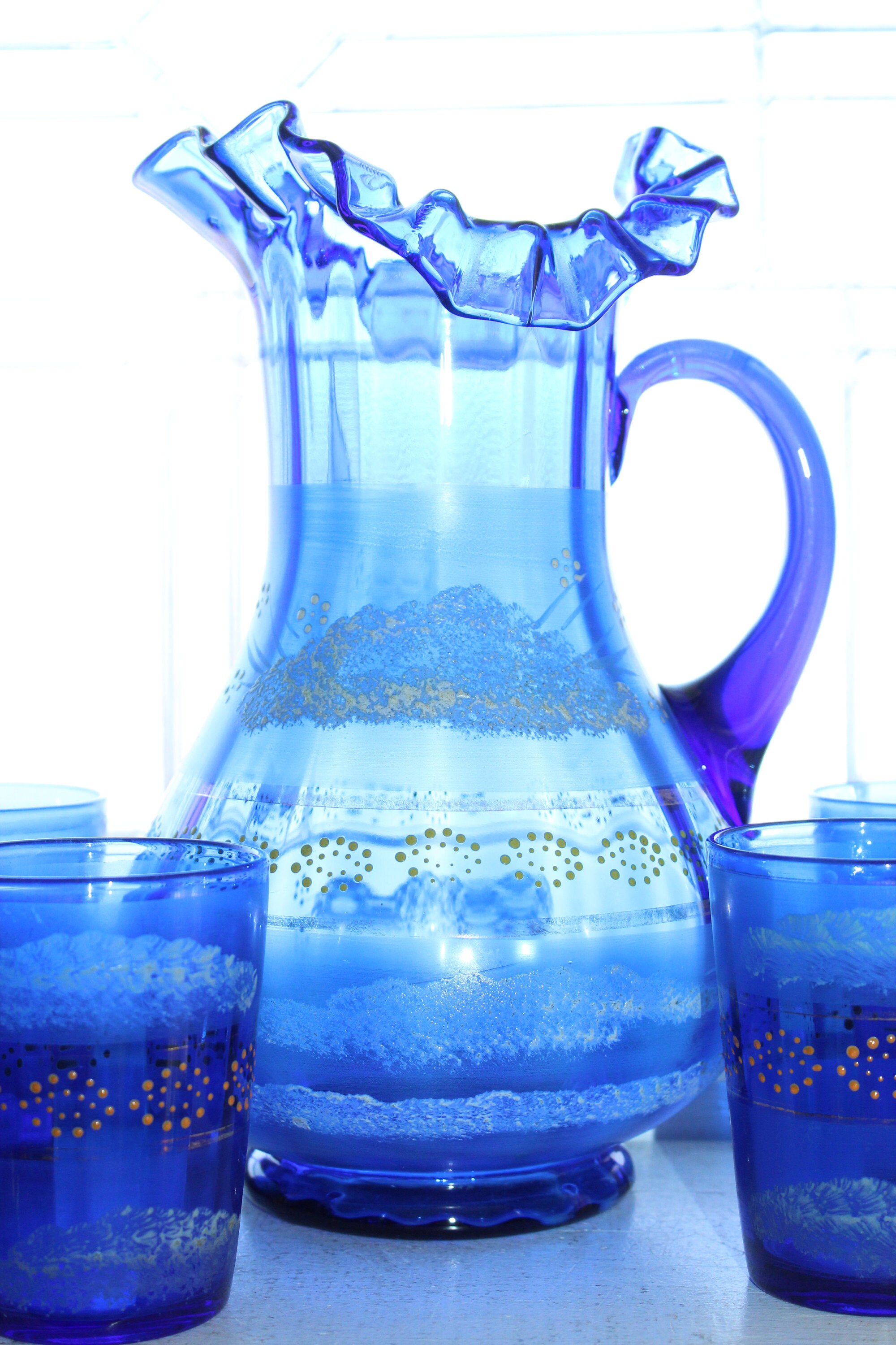 Antique Cobalt Blue Glass Pitcher and Tumbler Set Victorian Decor
