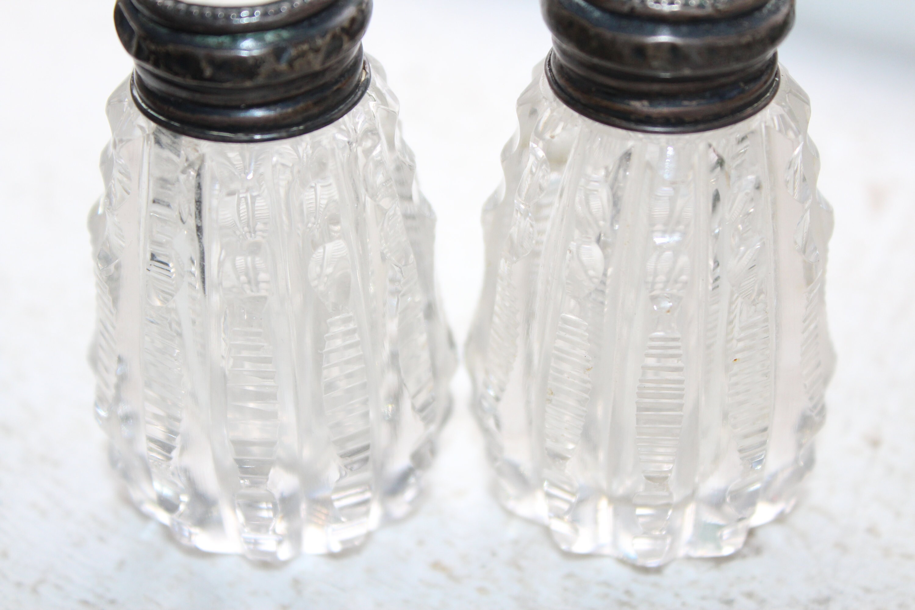 Antique Salt and Pepper Shakers Crystal Sterling Silver & Mother of Pearl