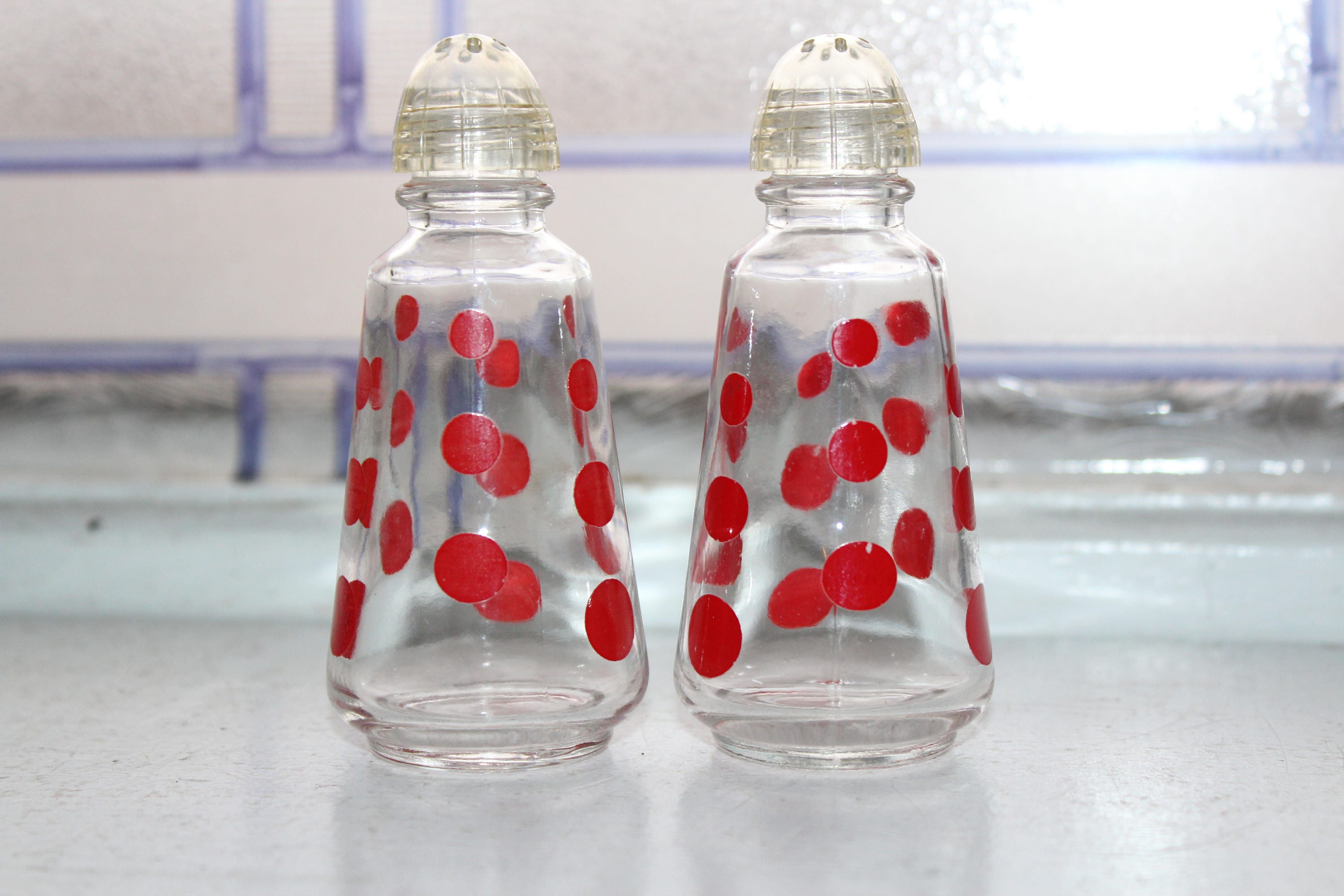 Vintage Salt and Pepper Shakers Glass with Red Polka Dots