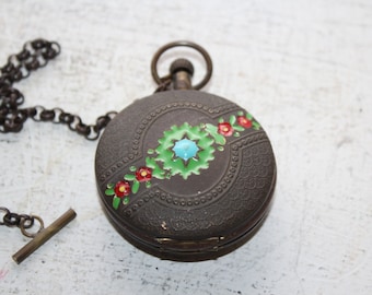 Ornate Antique Enameled Brass Pocket Watch Case