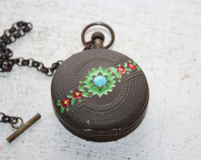 Ornate Antique Enameled Brass Pocket Watch Case