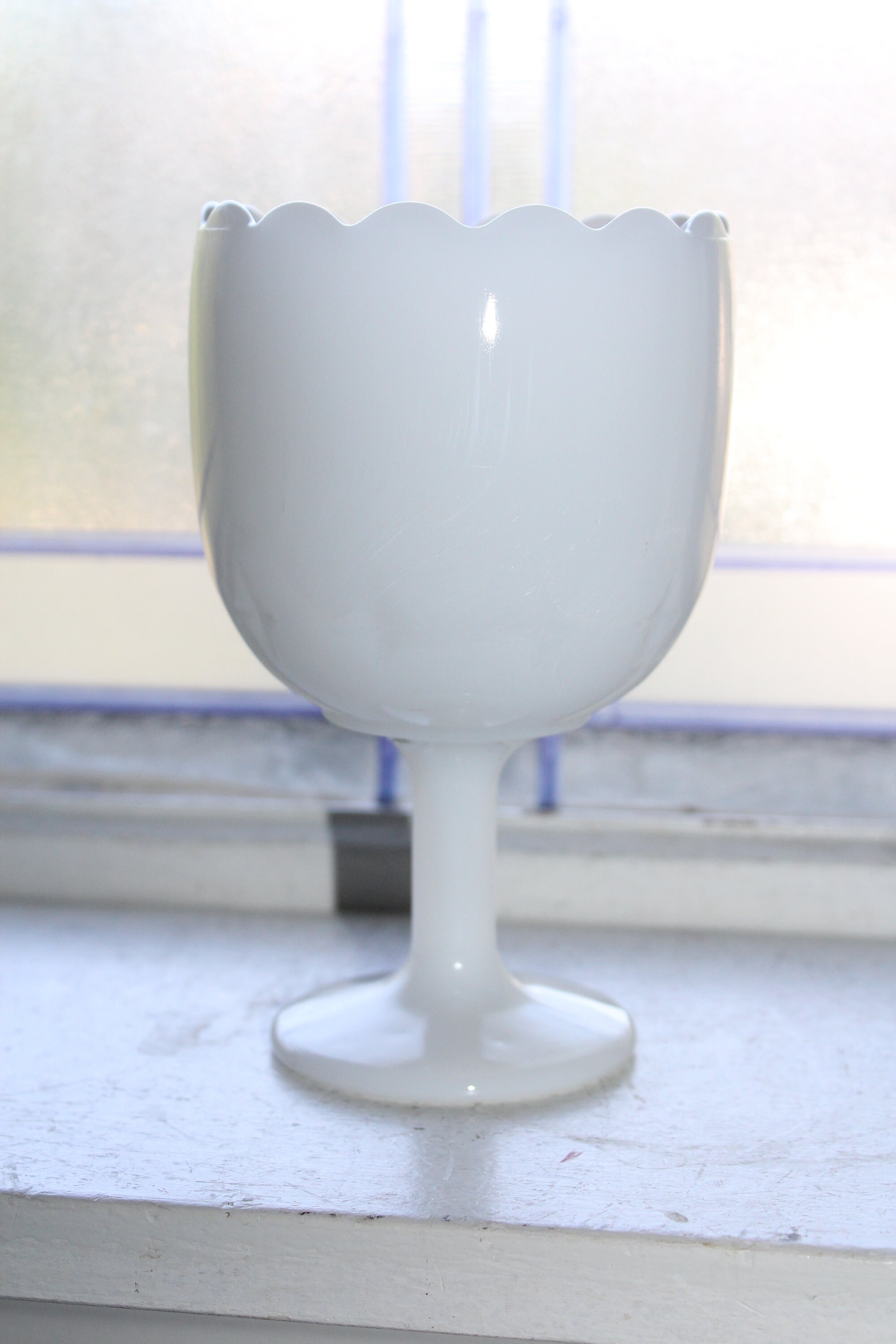 Vintage Milk Glass Pedestal Candy Dish Scalloped Rim Star Pattern