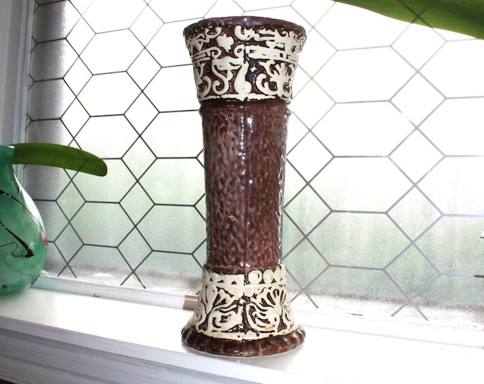 Large Art Pottery Vase Textured Brown Glaze & Cream Relief Bands Artistic Motifs