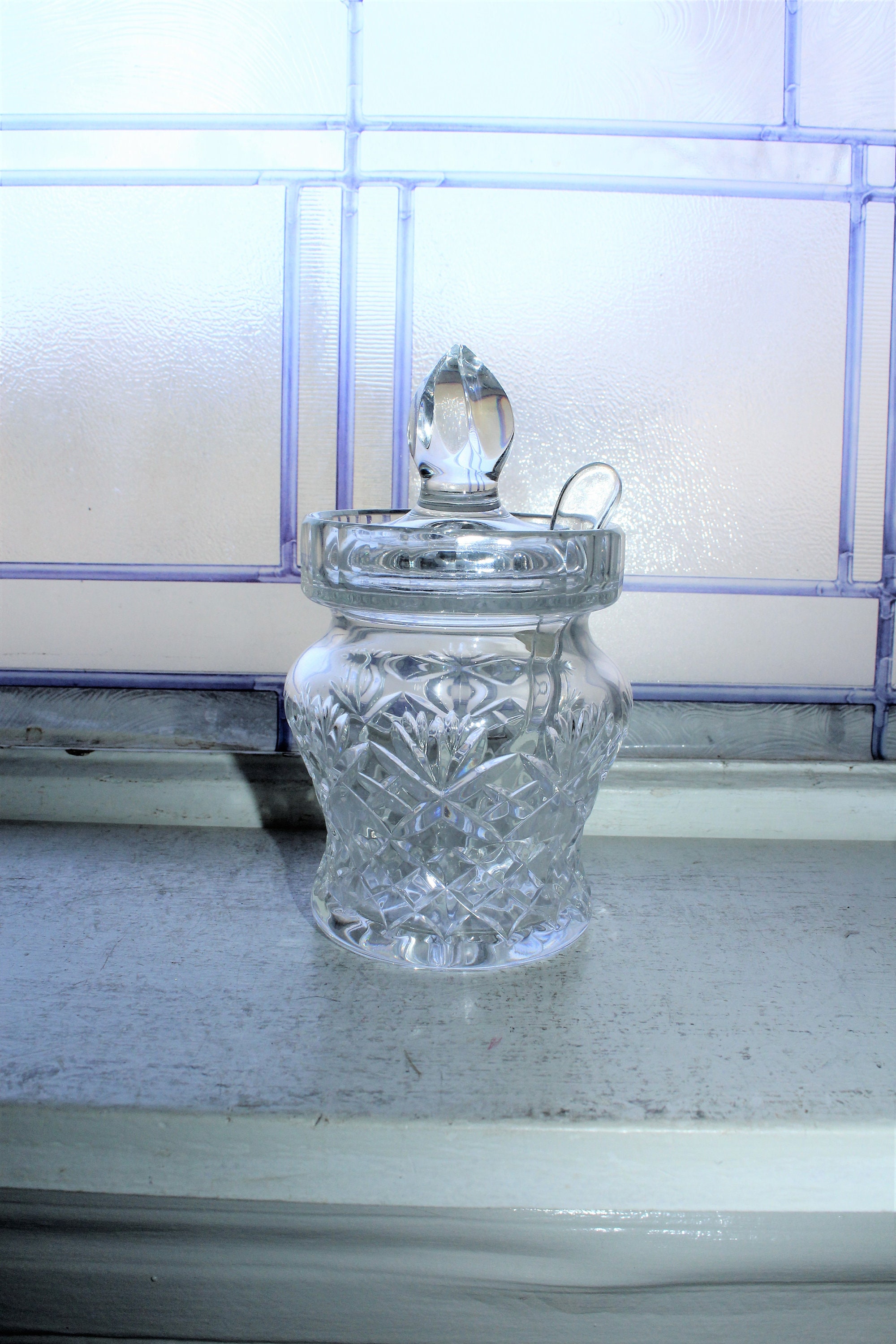 Vintage Crystal Jam Jar with Lid and Spoon Made in Poland