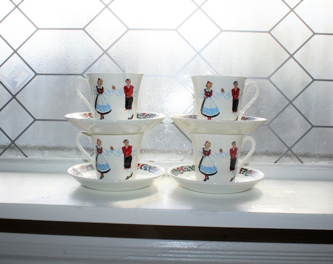 4 Figgjo Hardanger Dancers Cup and Saucer Sets Vintage Norwegian