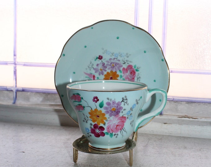Vintage Foley Blue Bone China Teacup & Saucer with Polka Dots