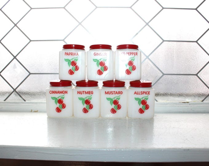 Vintage 7 Pc Spice Set Tipp City Milk Glass Red Cherry