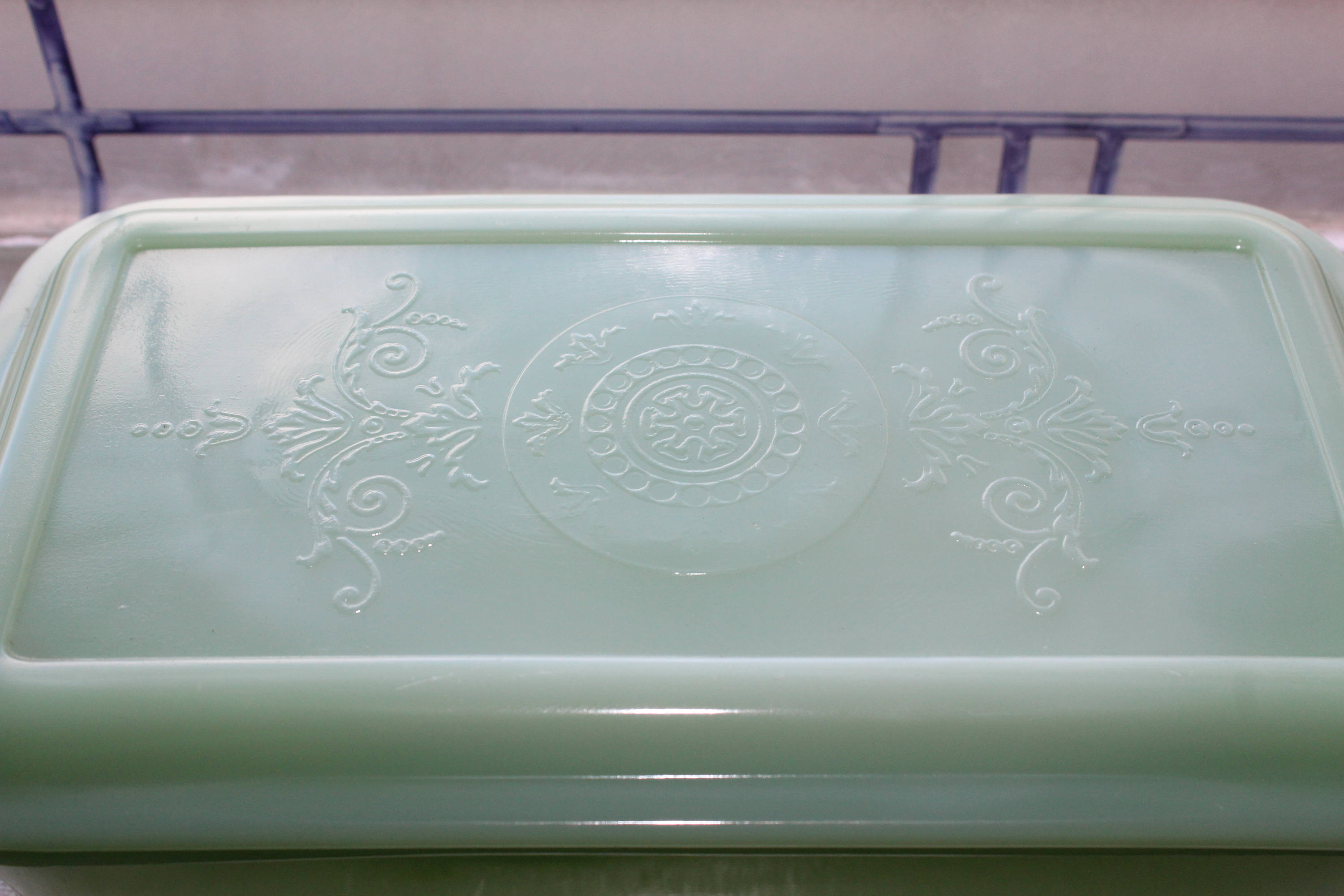 Jadite Loaf Pan Refrigerator Dish with Lid Philbe Fire King Glass