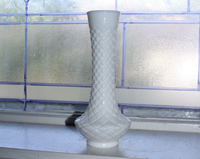 Vintage Milk Glass Tall Vase Quilted Diamond Pattern