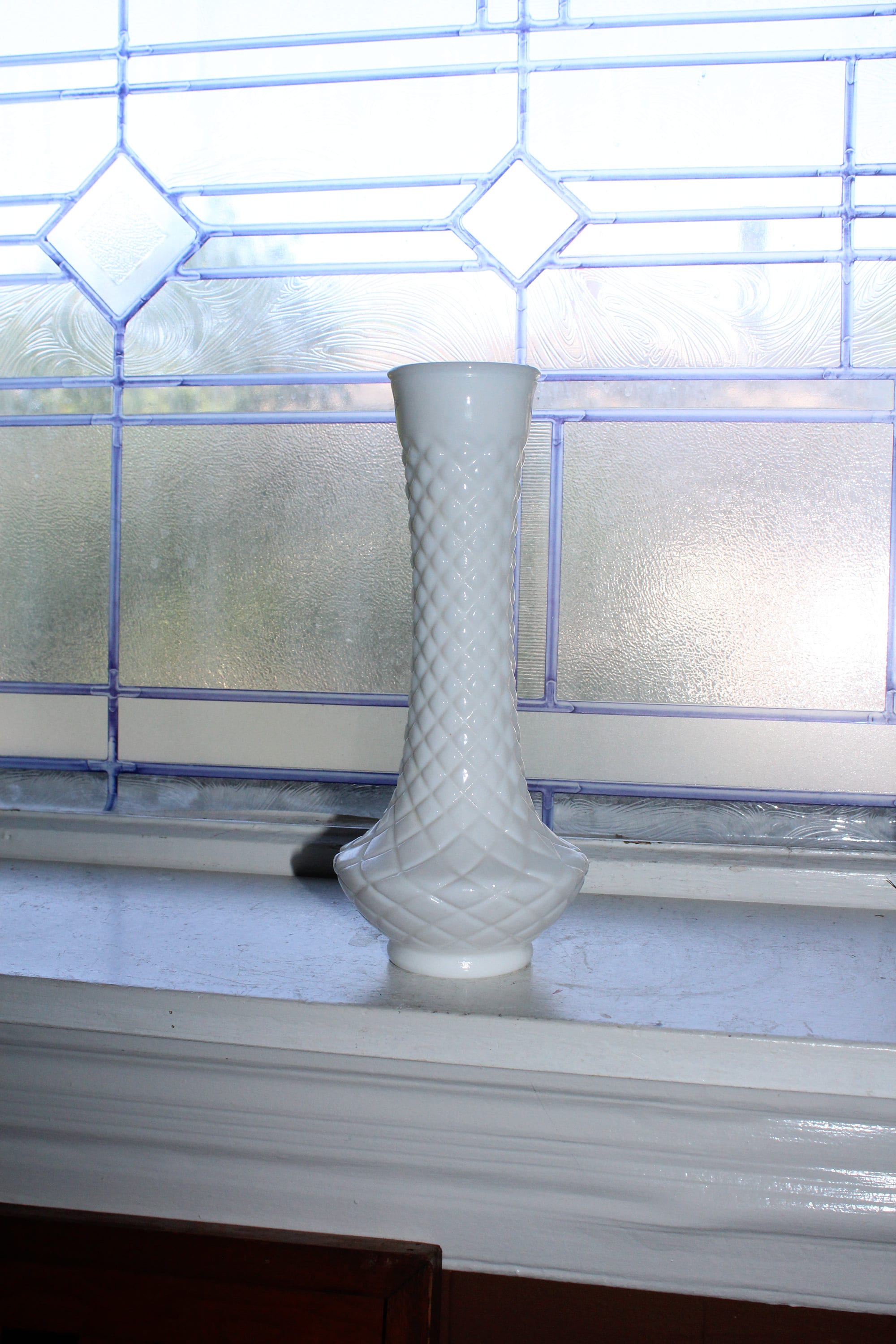 Vintage Milk Glass Tall Vase Quilted Diamond Pattern
