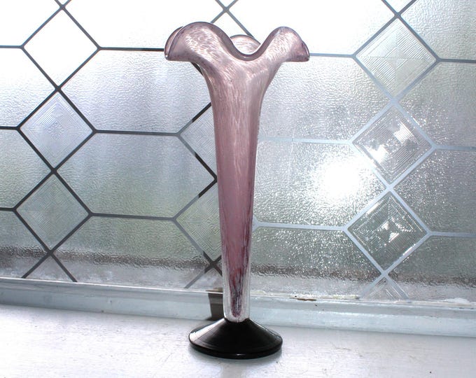 Vintage Handmade Art Glass Footed Trumpet Vase Amethyst with Black Base