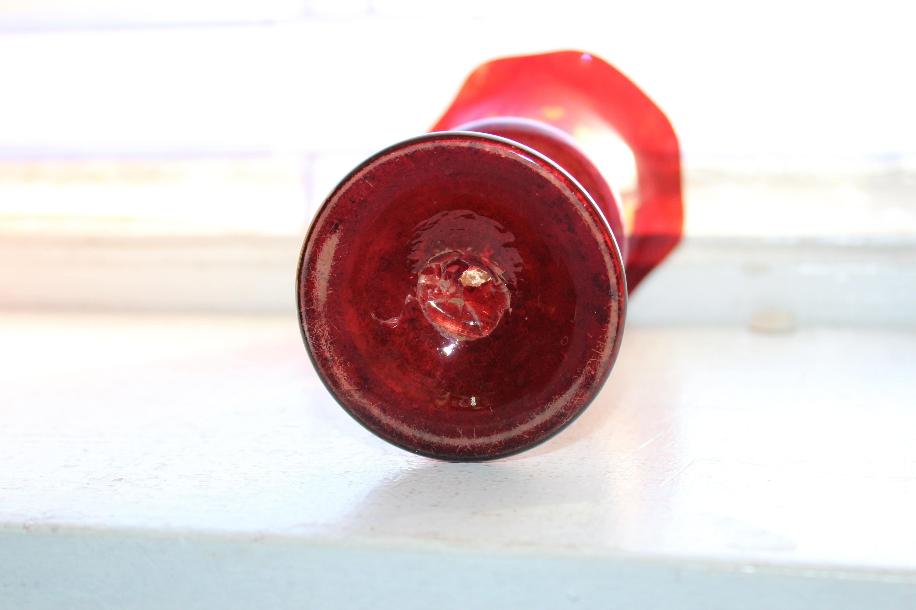 Victorian Ruby Red Glass Vase Painted Grape Leaves Decor Antique 1800s