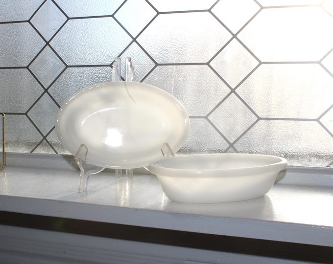 2 Vintage Glasbake Milk Glass Oval Dishes 475