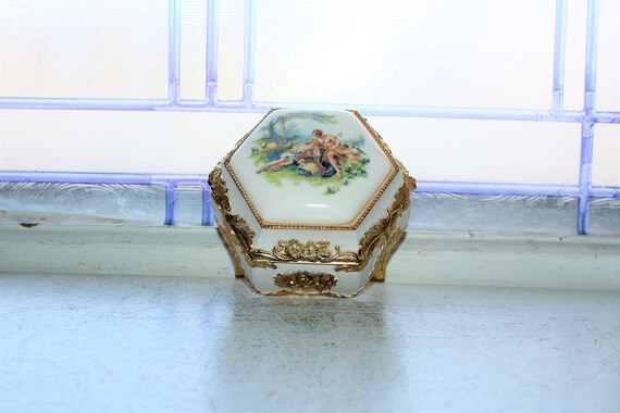 Vintage Porcelain and Metal Jewelry Box with Love… - image 7