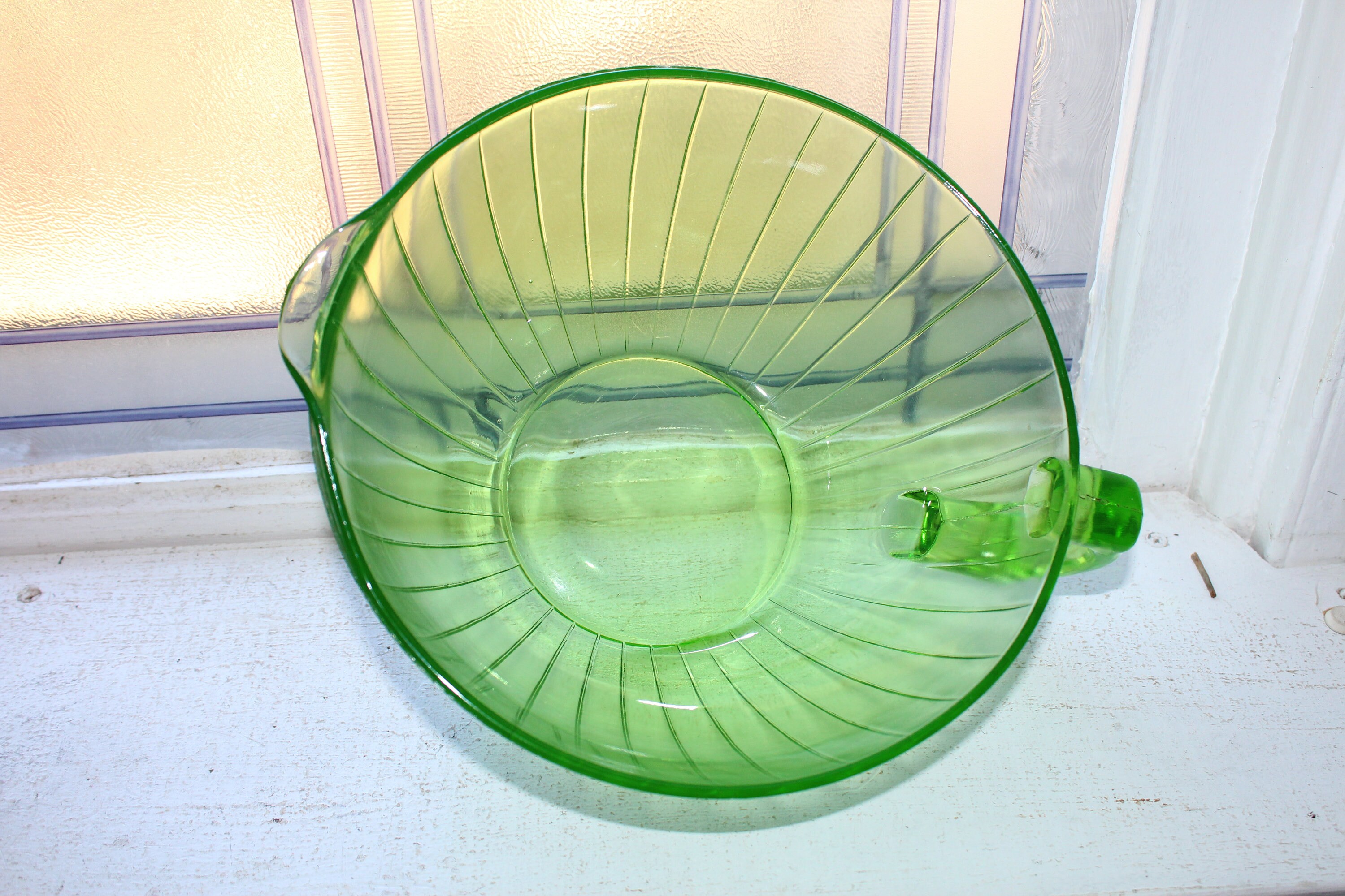 Green Depression Glass Ribbed Batter Bowl Vintage 1930s
