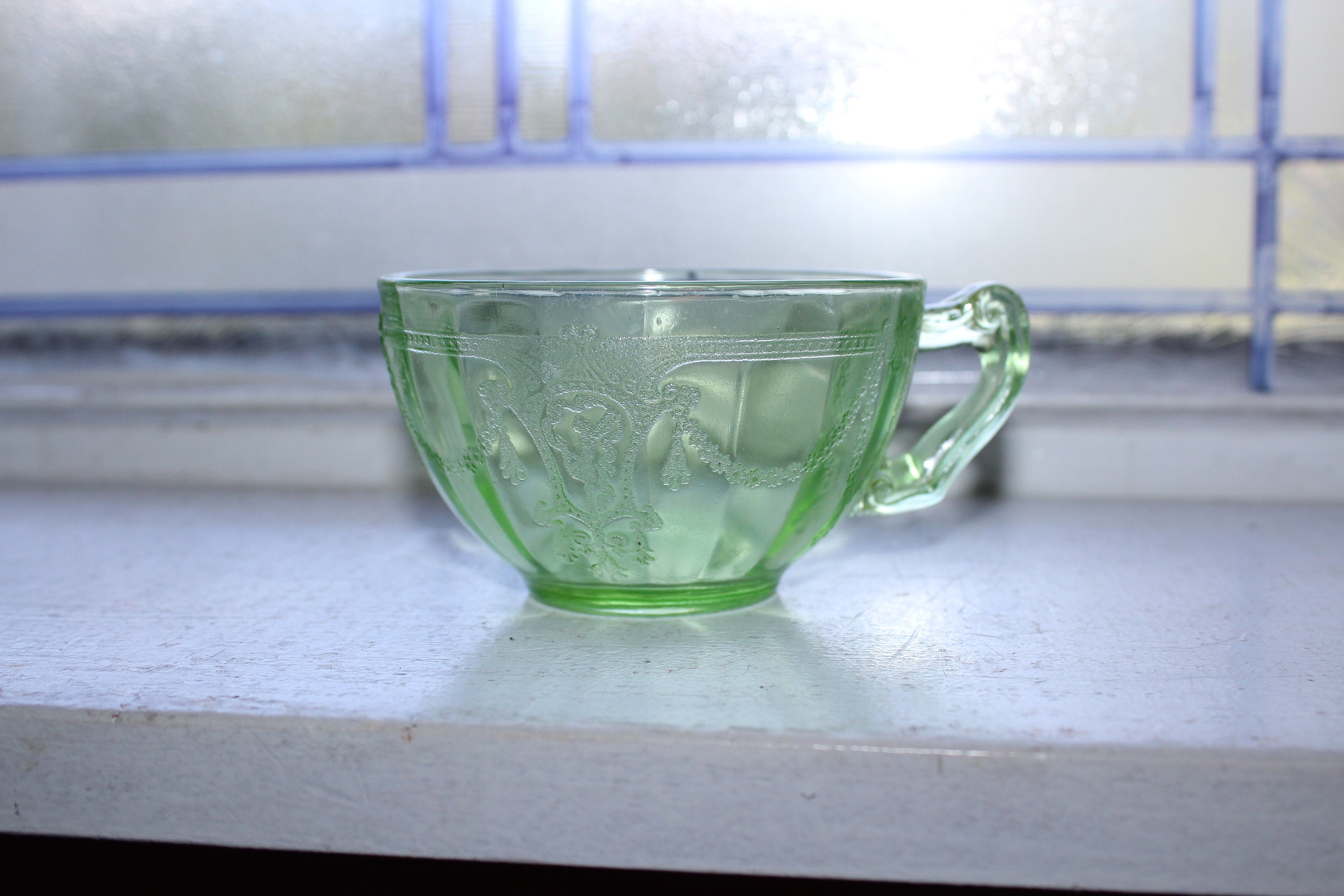 Green Depression Glass Coffee Tea Cup Cameo Ballerina Vintage 1930s