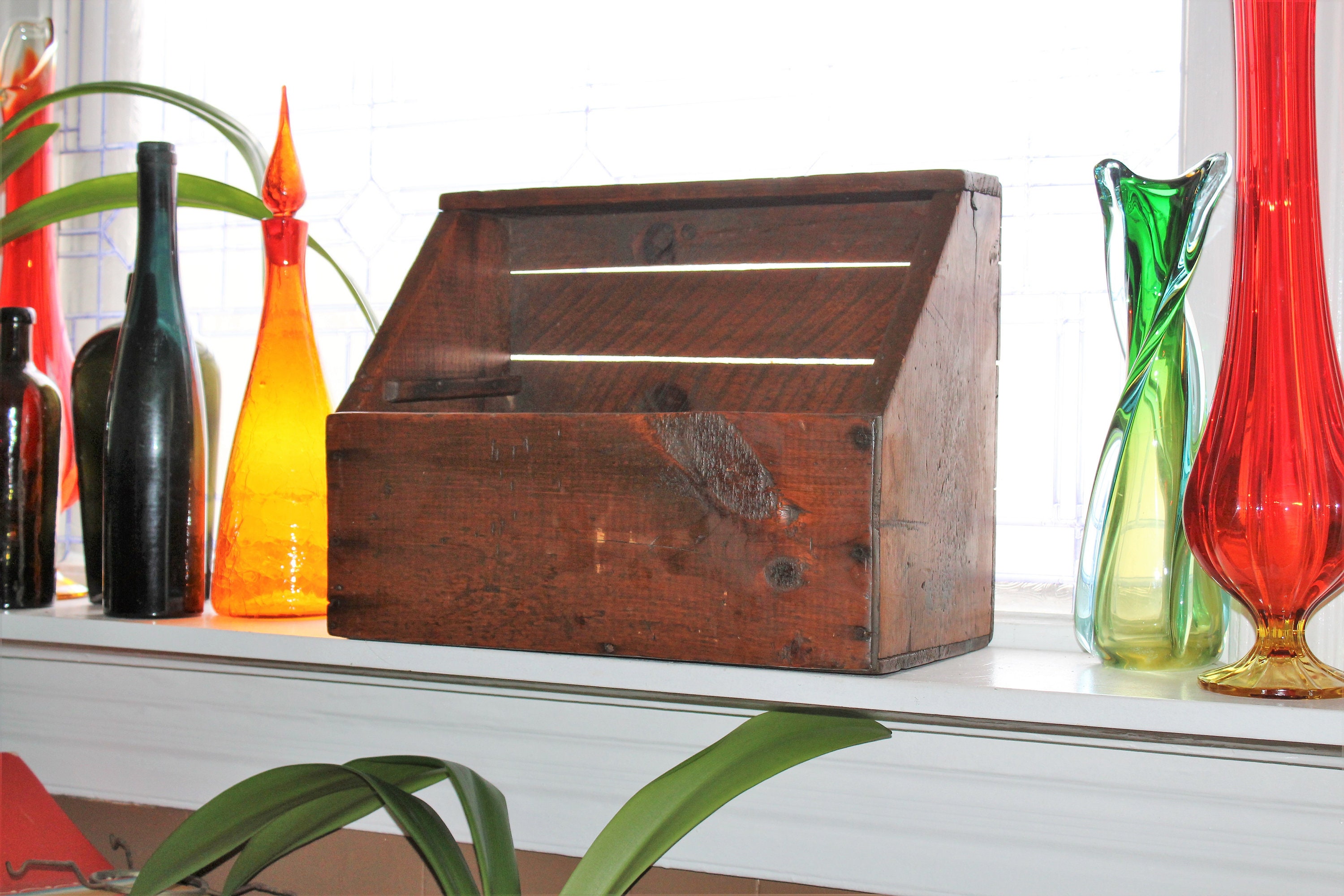 Antique Wood Box with Top Shelf Primitive Farmhouse Decor