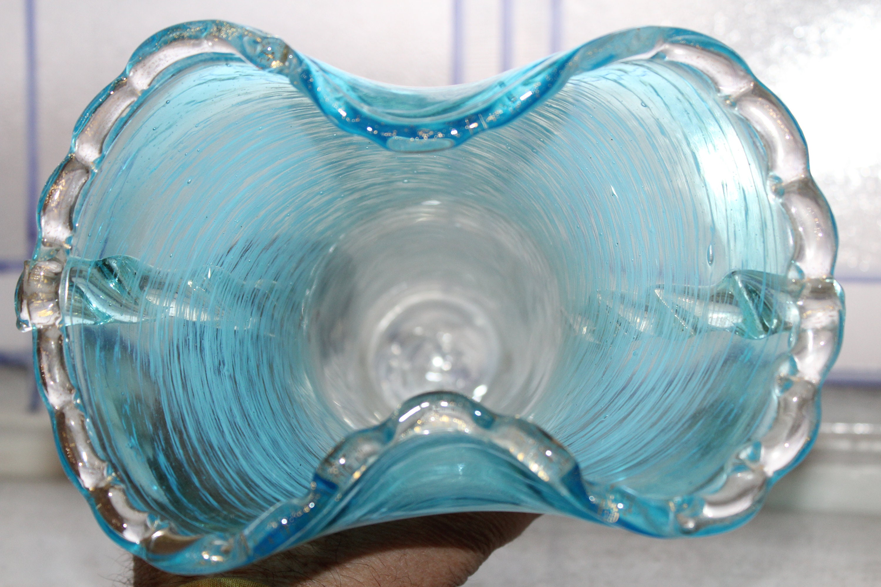 Vintage Murano Footed Blue Glass Vase with Gold Mica