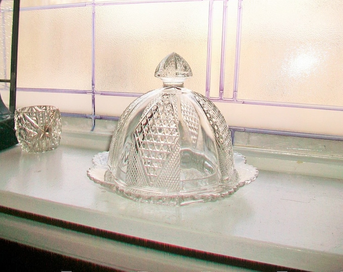 Vintage EAPG Glass Covered Butter Dish Diamond Panel