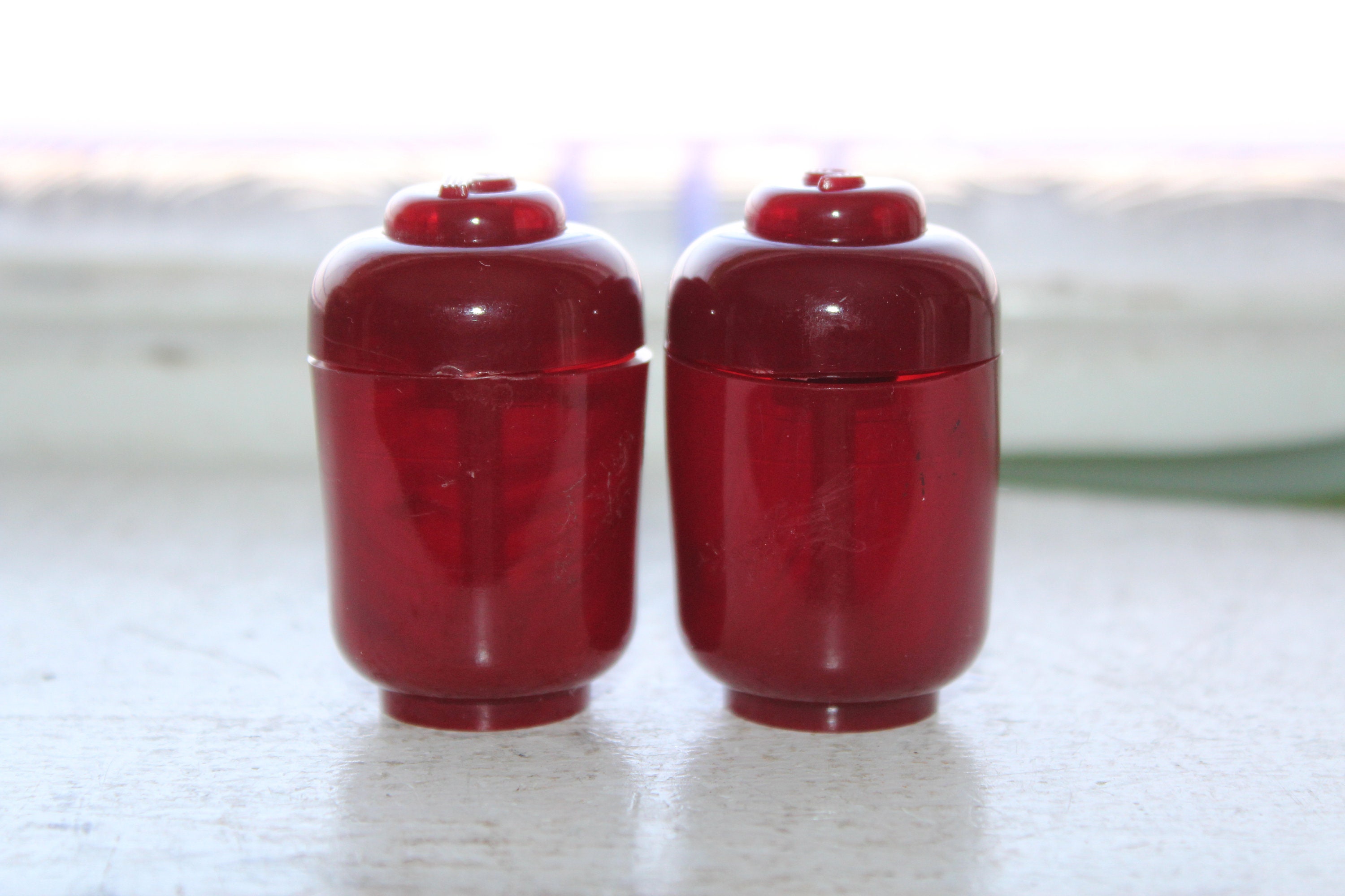 Retro Push Button Red Salt and Pepper Shakers Vintage 50s Mid Century
