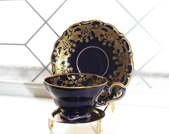 Vintage Lindner Kueps Bavaria Demitasse Cup and Saucer Cobalt Blue and 22k Gold