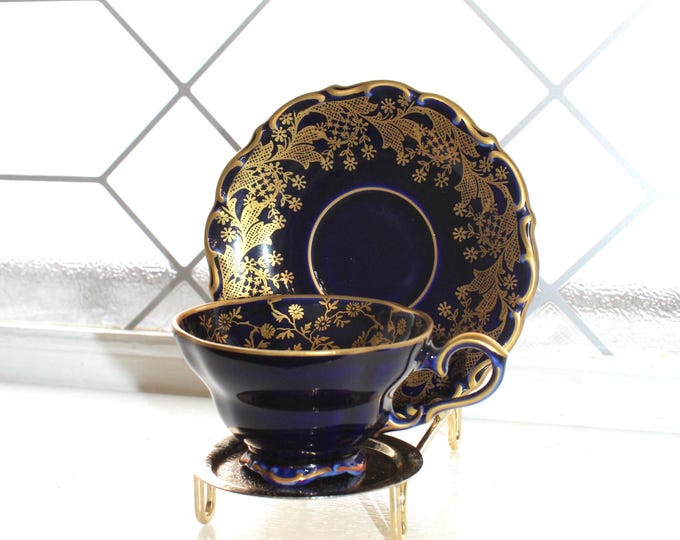 Vintage Lindner Kueps Bavaria Demitasse Cup and Saucer Cobalt Blue and 22k Gold