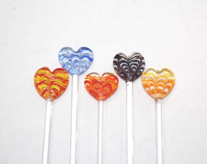 5 Colorful Glass Heart Cocktail Swizzle Stir Sticks