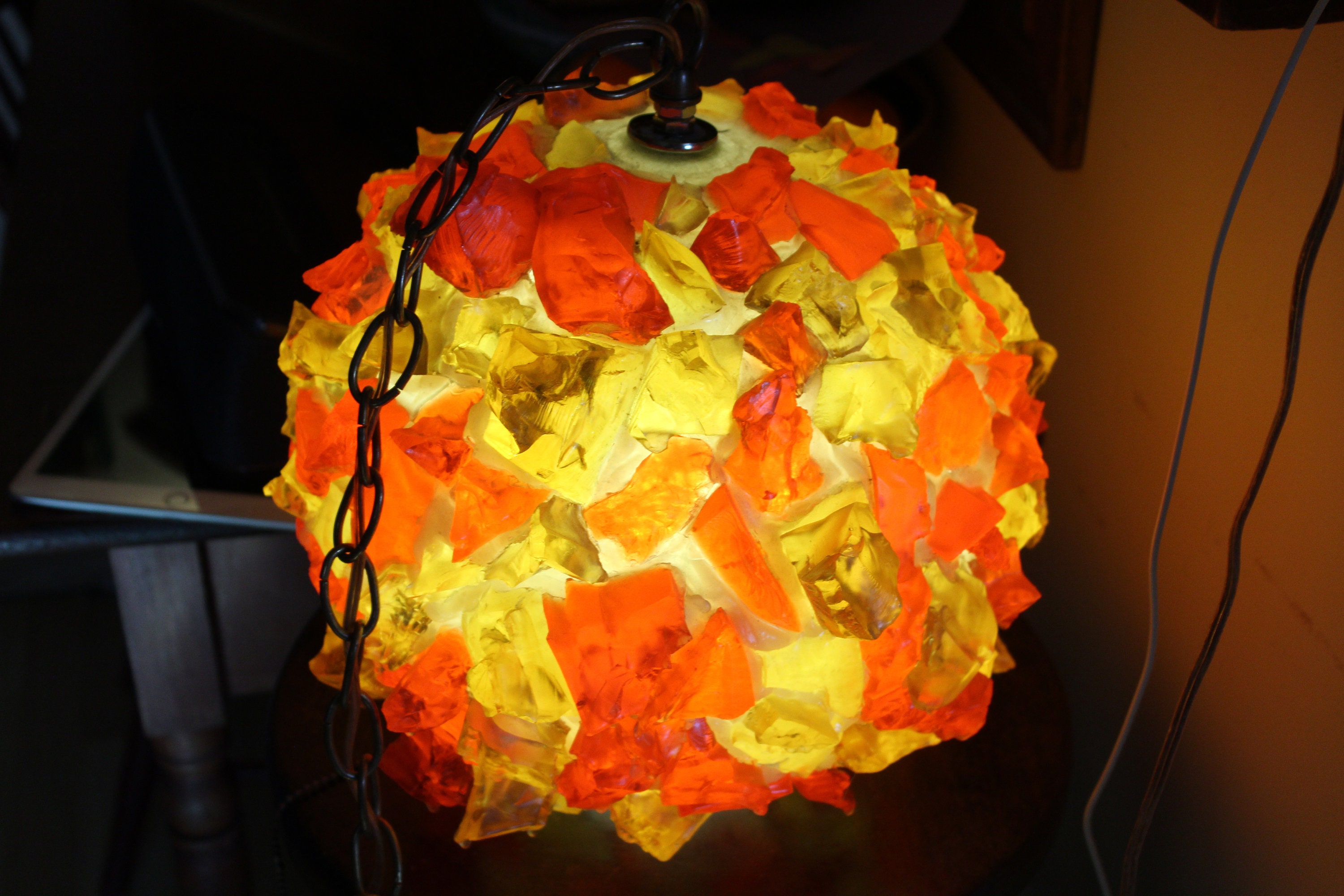 Vintage Mid Modern Swag Lamp Chunky Rock Candy Orange Yellow 1960s