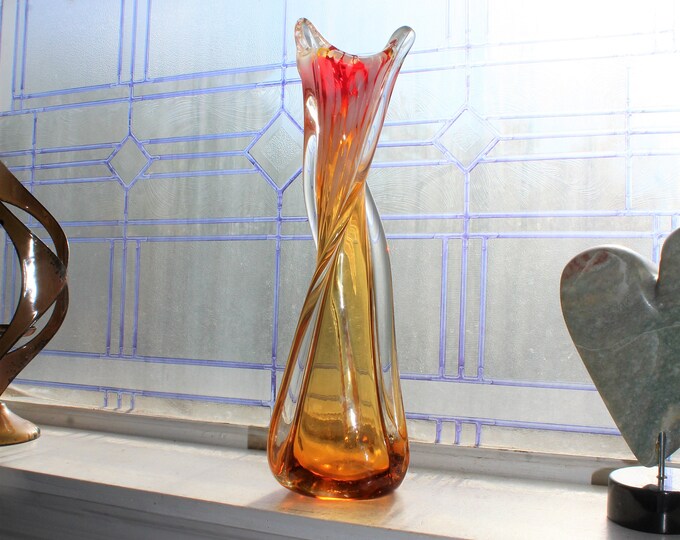 Large Vintage Swung Glass Vase Hand Blown Red Yellow 1960s