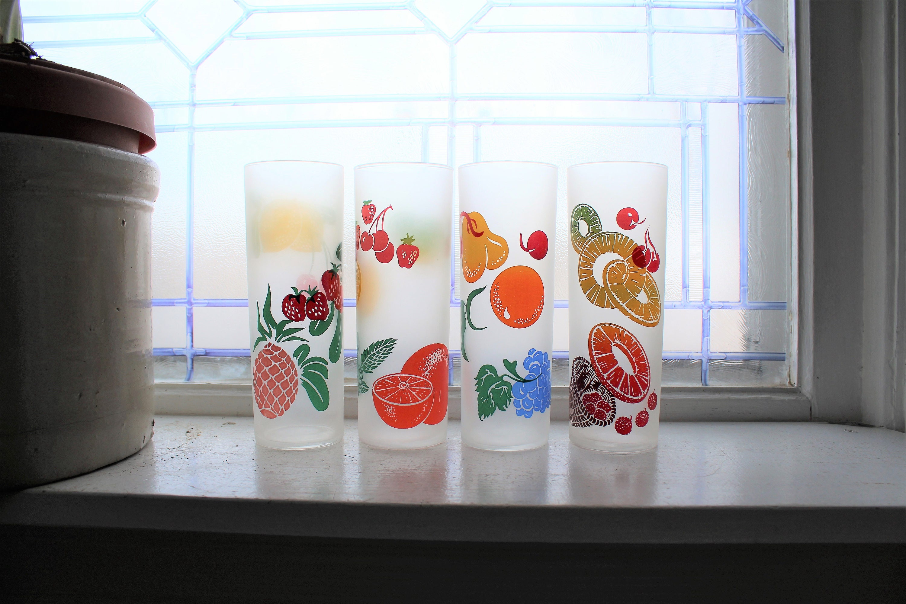 4 Vintage Tumblers Fruit High Ball Iced Tea Frosted Federal Glass