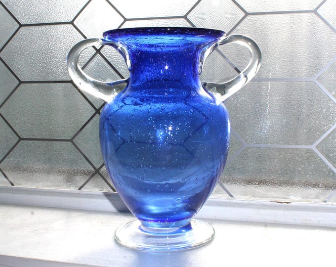 Vintage Murano Bullicante Glass Footed Vase Controlled Bubbles Cobalt Blue
