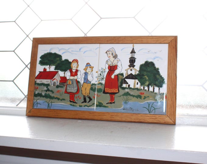 Hand Painted Tiles Framed Artist Signed Norway Folk Art Helen E Blanck