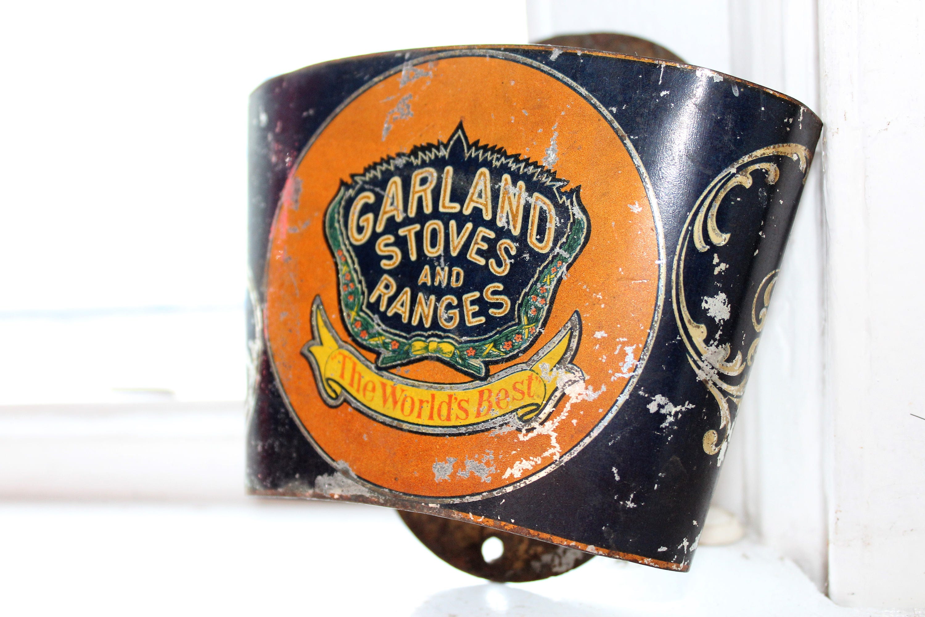 Tin Advertising Broom Holder Garland Stoves and Ranges Antique 1800s