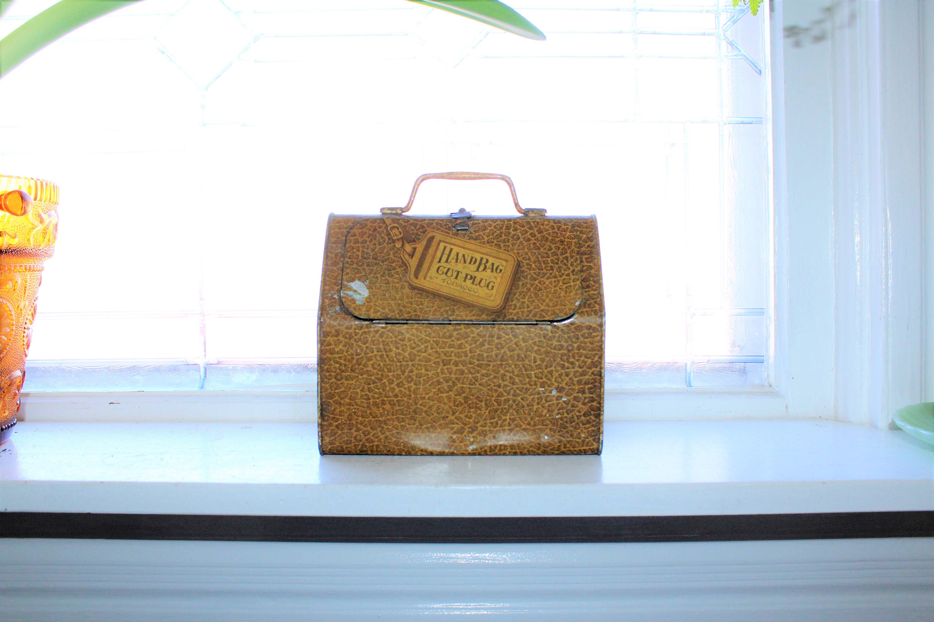 how much tobacco in hand luggage Antique Hand Bag Cut Plug Tobacco Tin 1920s