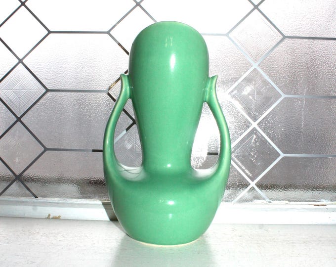 Mid Century Lime Green Pottery Vase with Double Handles