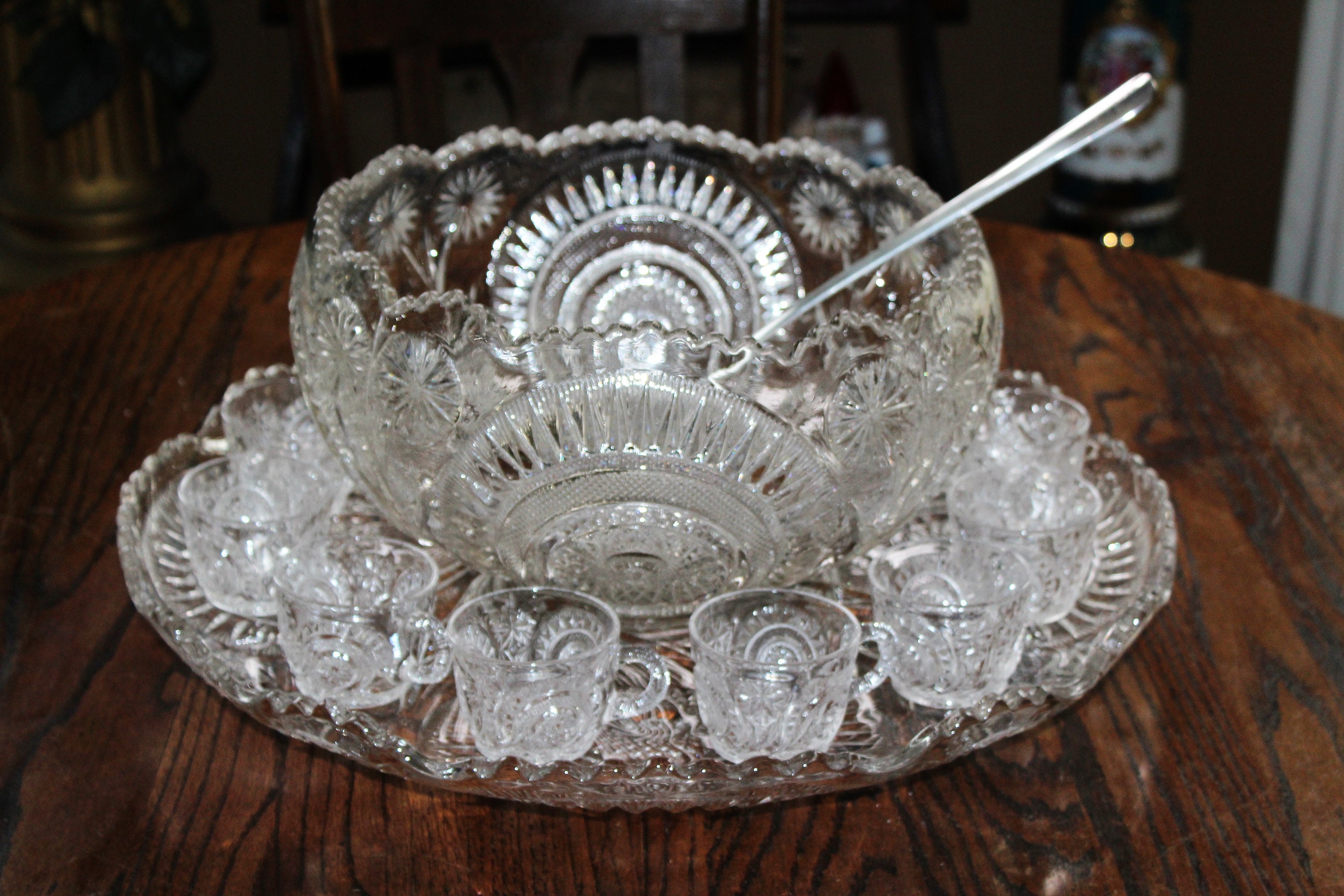 Huge EAPG Punch Bowl Slewed Horseshoe Radiant w/ Underplate Ladle & Cups