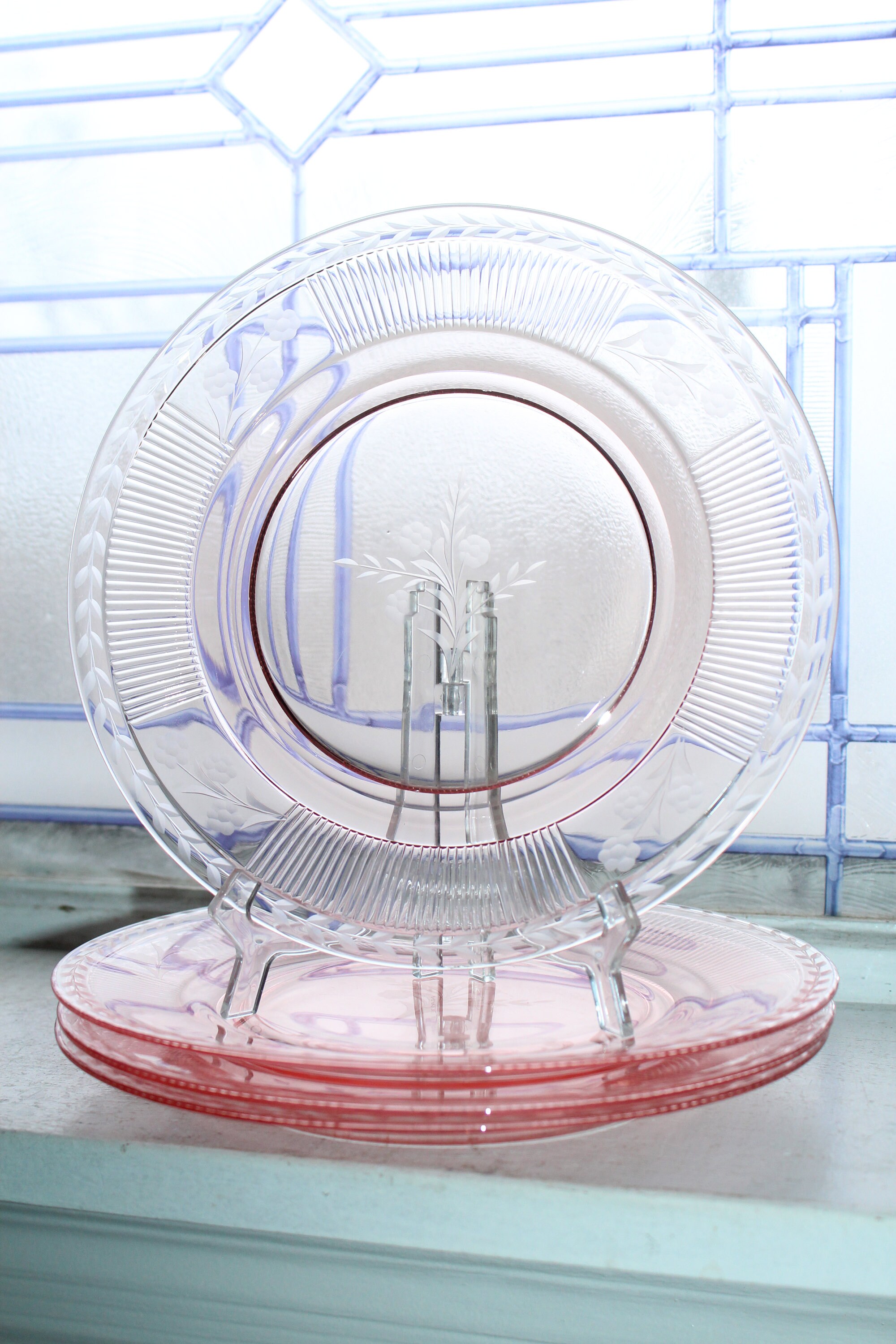 12 Pink Depression Elegant Etched Glass Luncheon Plates Vintage 1920s