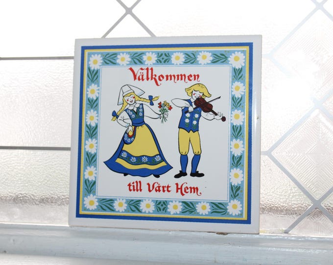 Vintage Norwegian Rosemaled Trivet Tile Valkommen Til Vart Hjem
