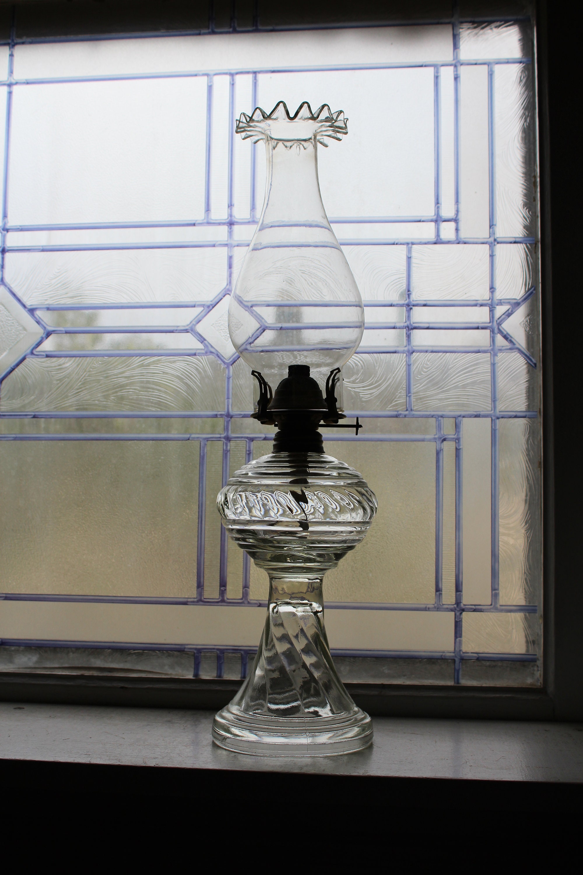 Antique Glass Oil Lamp with Ruffled Chimney