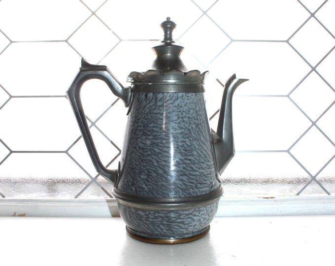 Antique Victorian Gray Graniteware & Pewter Goose Neck Coffee Pot