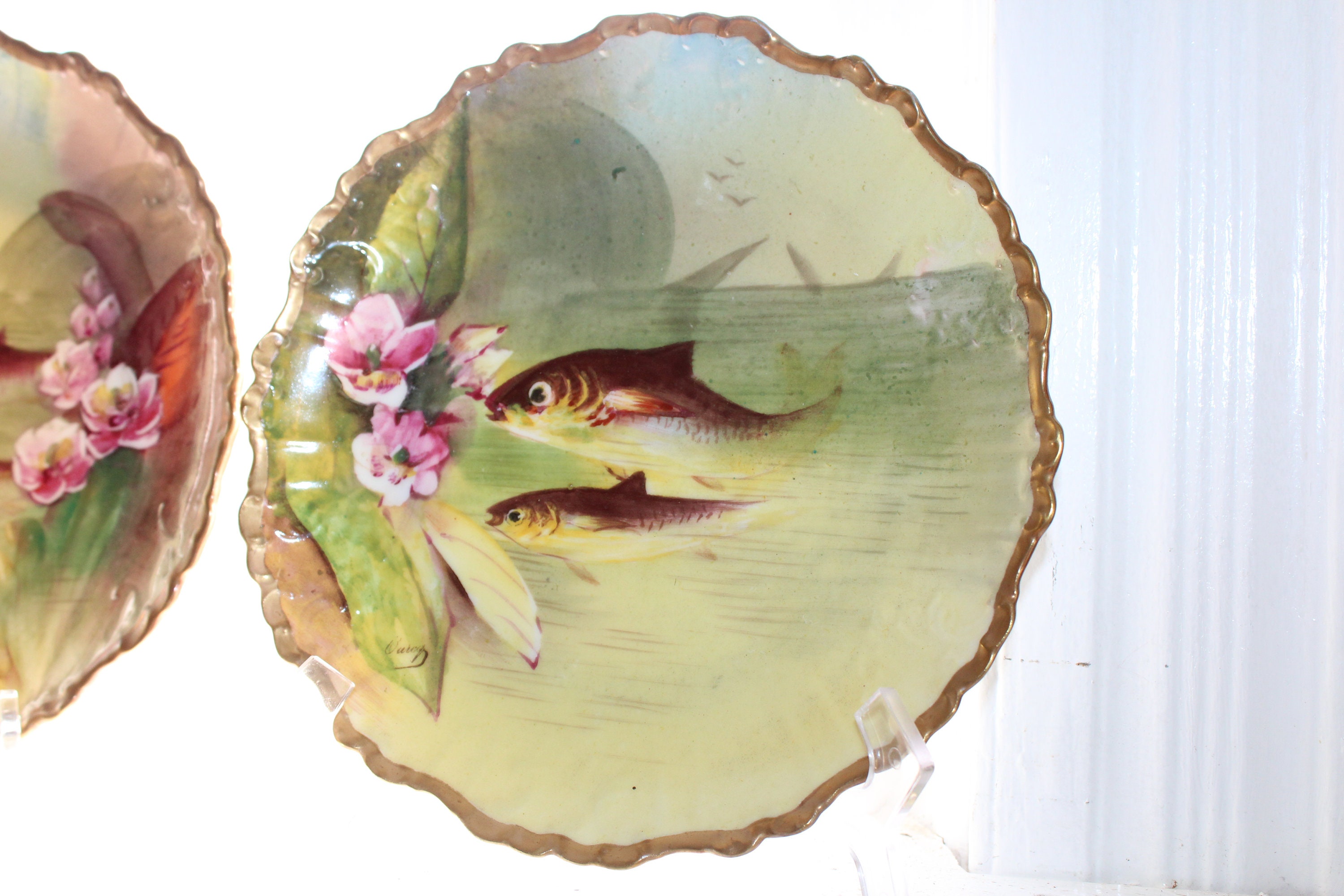 4 Vintage LRL Limoge Hand Painted Fish Plates Artist Signed