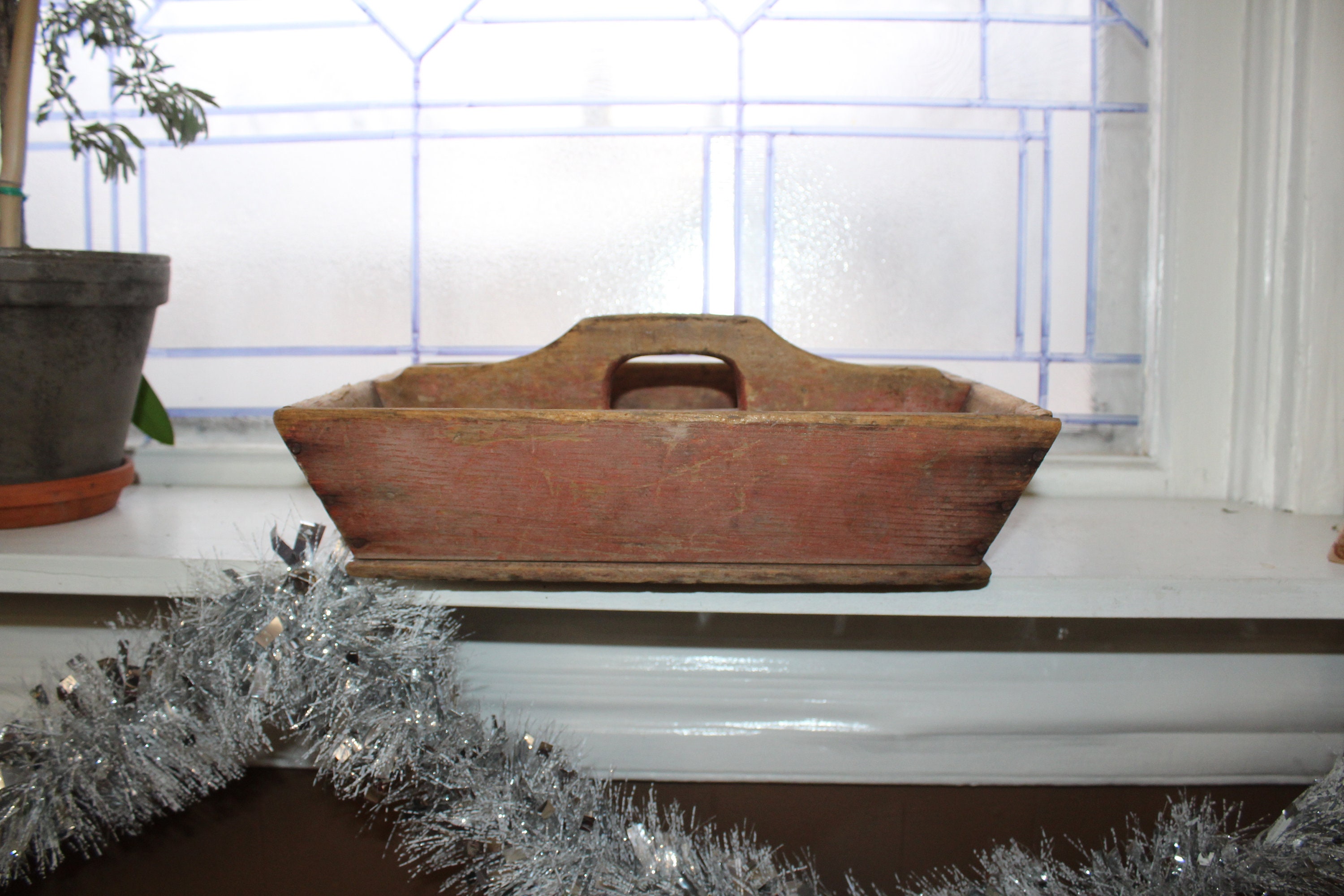 Antique Wood Tray Handled Cutlery Box Rustic Farmhouse Decor