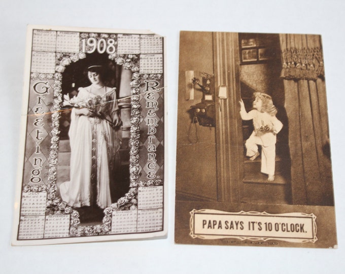 2 Antique Postcards 1908 Calendar and Humorous