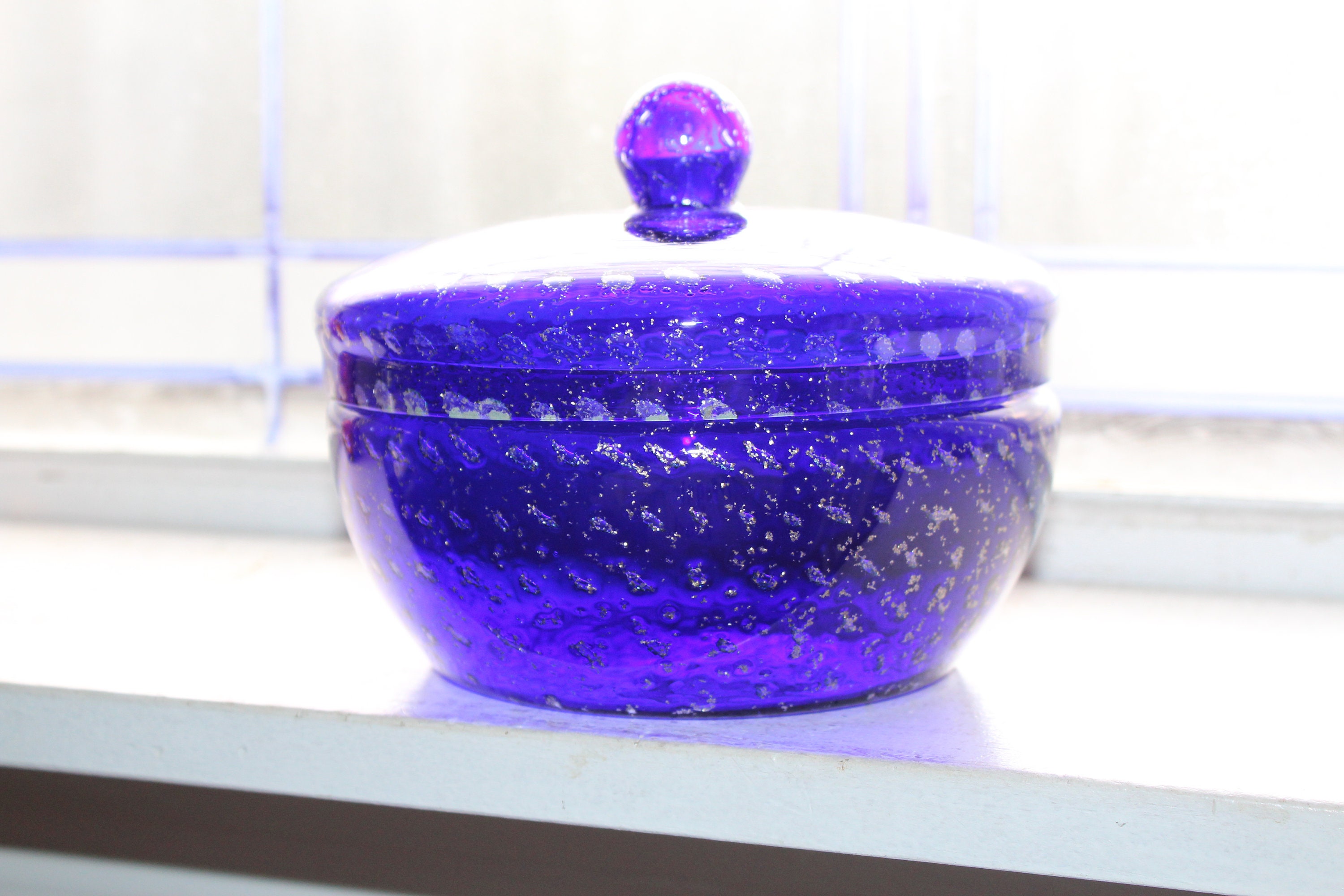 Vintage Cobalt Blue Glass Candy Dish with Lid and Metallic Flakes