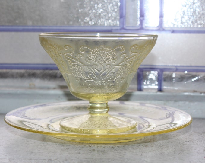 Vintage Yellow Depression Glass Sherbet & Plate Florentine No. 2 Poppy