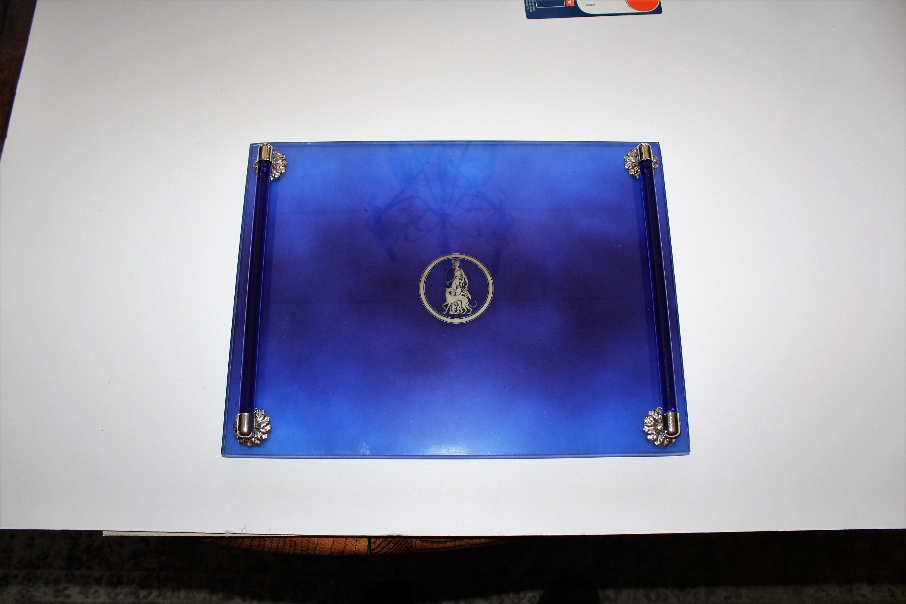 Art Deco Vanity Tray Cobalt Blue Glass and Chrome Vintage Bar Tray